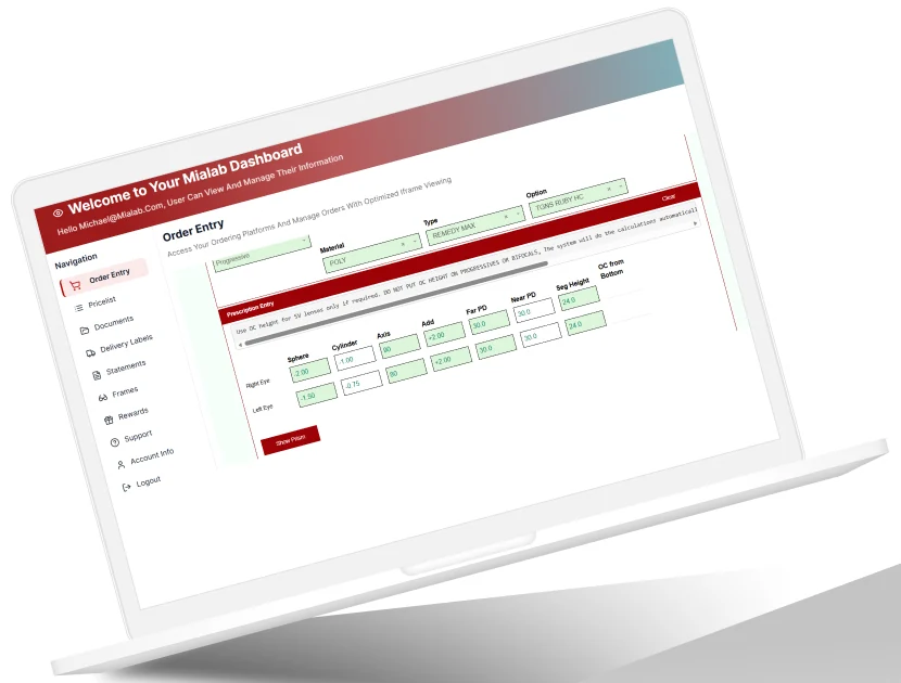 The Mialab online ordering dashboard showing the Order Entry screen