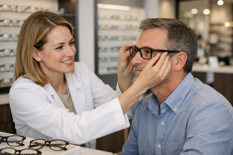 Optometrist helping patient try on eyeglasses as part of frame and lens package consultation