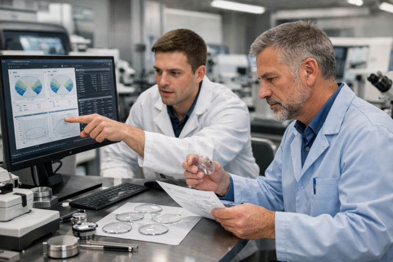 Optical lab technicians reviewing prescription lenses and analytics data while supporting optometry practice partnership