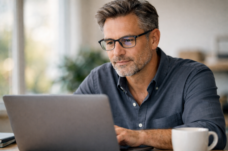 Professional using laptop with progressive eyeglasses showing real world use of digital progressive lenses for screen work