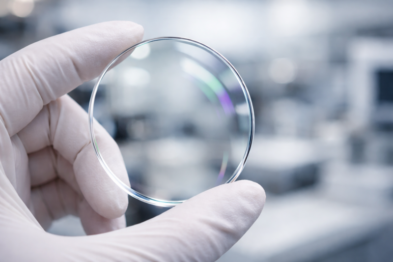 Modern prescription lens technology showing coated ophthalmic lens used for digital freeform and premium optical lenses