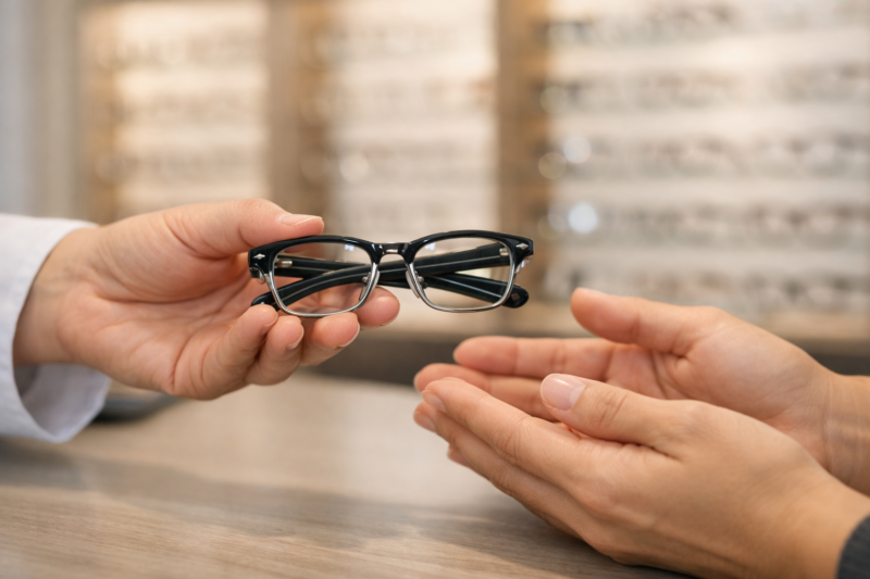 Optical clinic staff presenting eyeglass frames to patient during eyewear consultation and fitting