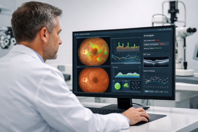 Optometrist using AI software to analyze fundus images and diagnostic data in optometry clinic