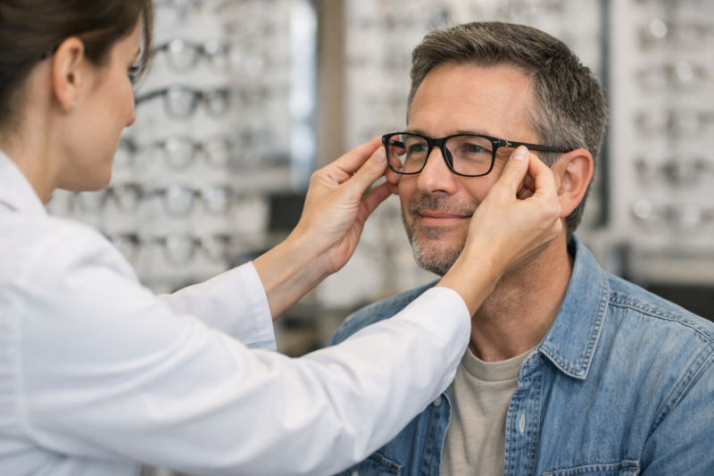 Optometrist adjusting eyeglass frames for patient showing trust and service in an optical practice
