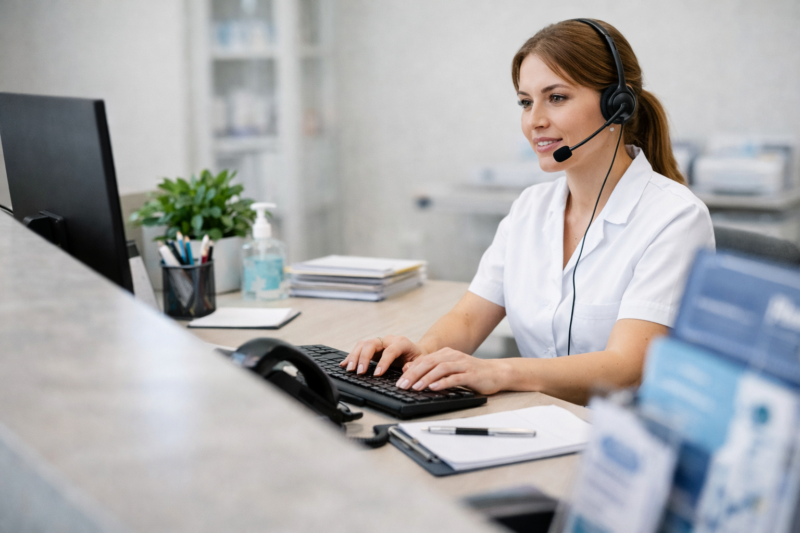 Optical practice staff managing patient recall system and customer support at clinic reception