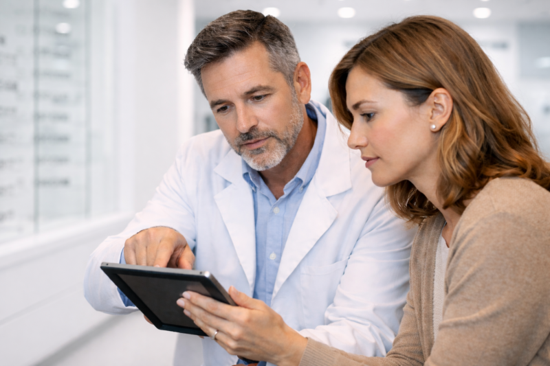 Optometrist consulting patient about vision care and lenses while reviewing information on tablet