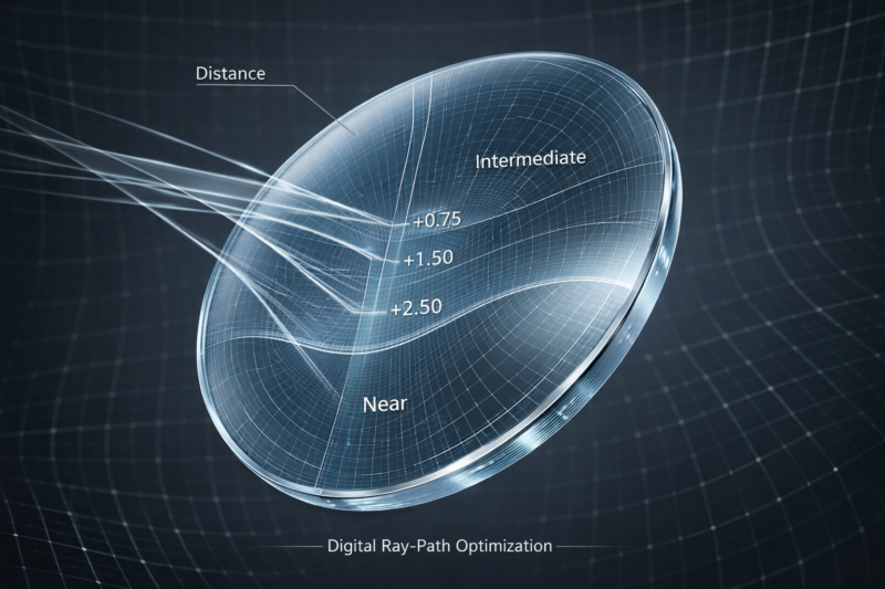 Progressive lens design diagram illustrating distance intermediate and near zones in digital progressive lenses