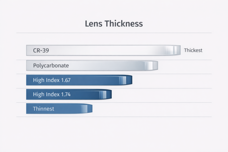 High index vs polycarbonate lenses thickness comparison in the Lens Thickness and Edge Profile section