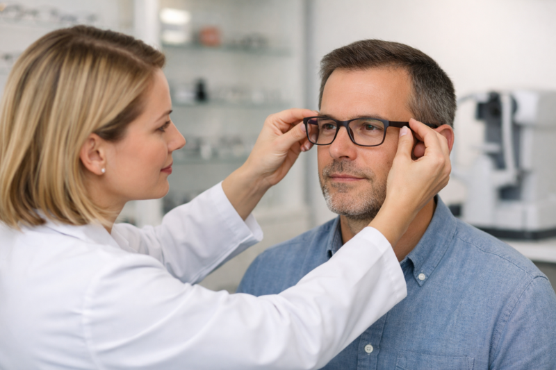 Optician adjusting frame fit to solve progressive lenses troubleshooting issues without immediate remake