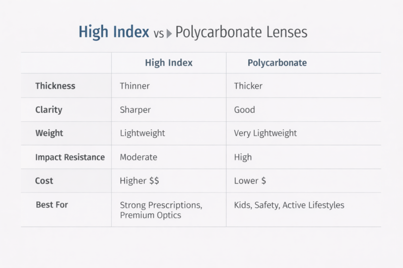High index vs polycarbonate lenses comparison table for thickness, clarity, weight and impact resistance