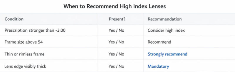 When to Recommend High Index Lenses table showing when high index lenses help reduce lens thickness based on prescription edge profile and frame size