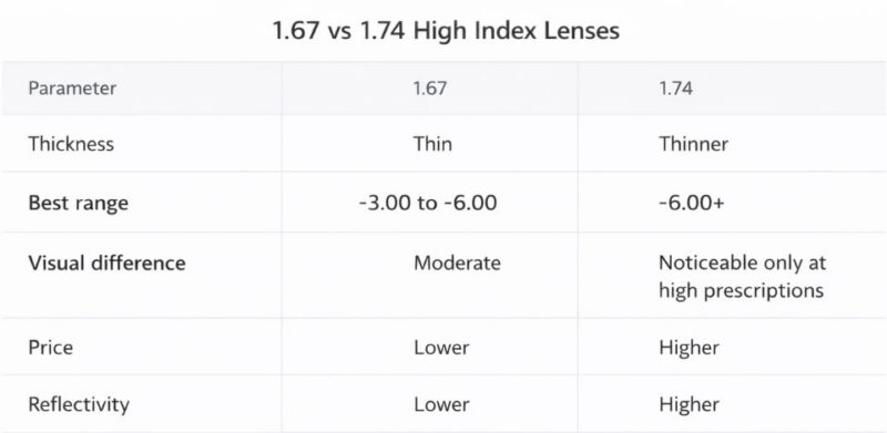1.67 vs 1.74 high index lenses comparison table showing lens thickness, best prescription range, price, and visual difference