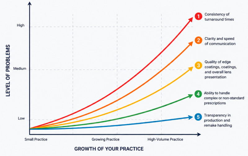 How to choose the right optical lab – graph showing how inconsistent turnaround, communication, quality and processes increase problems as practice grows