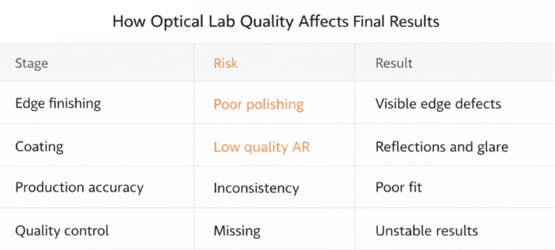 How Optical Lab Quality Affects Final Results table explaining optical lens manufacturing, coating quality, and finishing impact on high index lenses