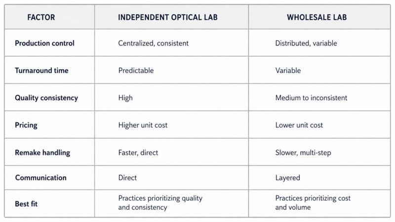 Optical Lab vs Wholesale Lab comparison table showing differences in production control, turnaround time, quality consistency and pricing