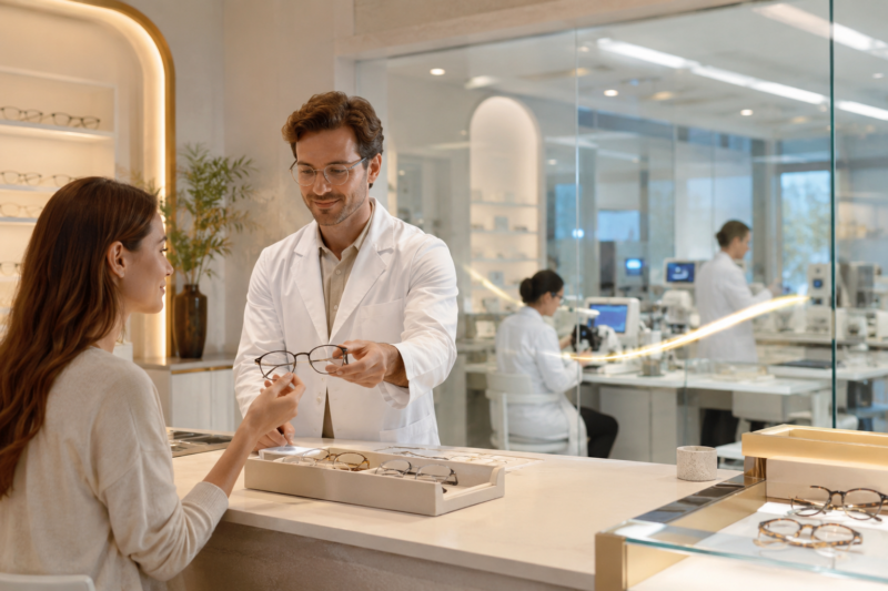 Optometrist dispensing eyewear with support from a fast optical lab in Florida and in-house lens finishing in Miami