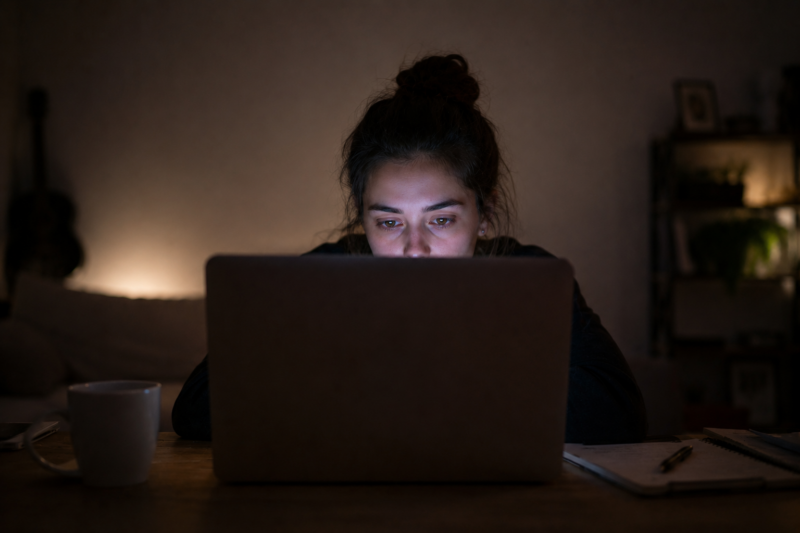 Millennial patient experiencing digital eye strain from prolonged screen use and blue light exposure while using a laptop