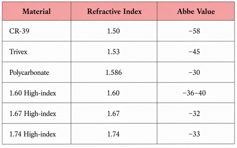 Comparison table of monofocal, multifocal and EDOF intraocular lenses with progressive lens recommendations