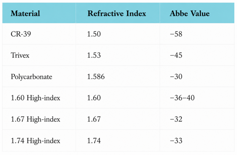 Comparison table of monofocal, multifocal and EDOF intraocular lenses with progressive lens recommendations