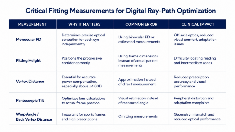 Critical fitting measurements for IOT Digital Ray-Path lenses including monocular PD, fitting height and vertex distance