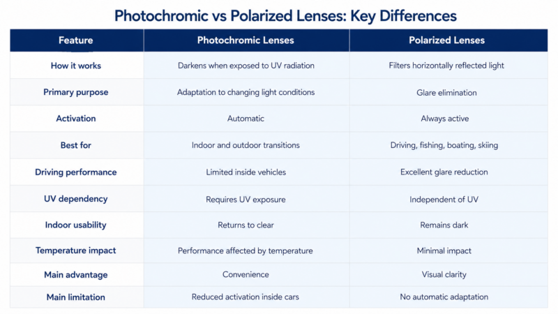 Photochromic lenses vs polarized lenses comparison chart showing driving performance glare reduction and UV activation