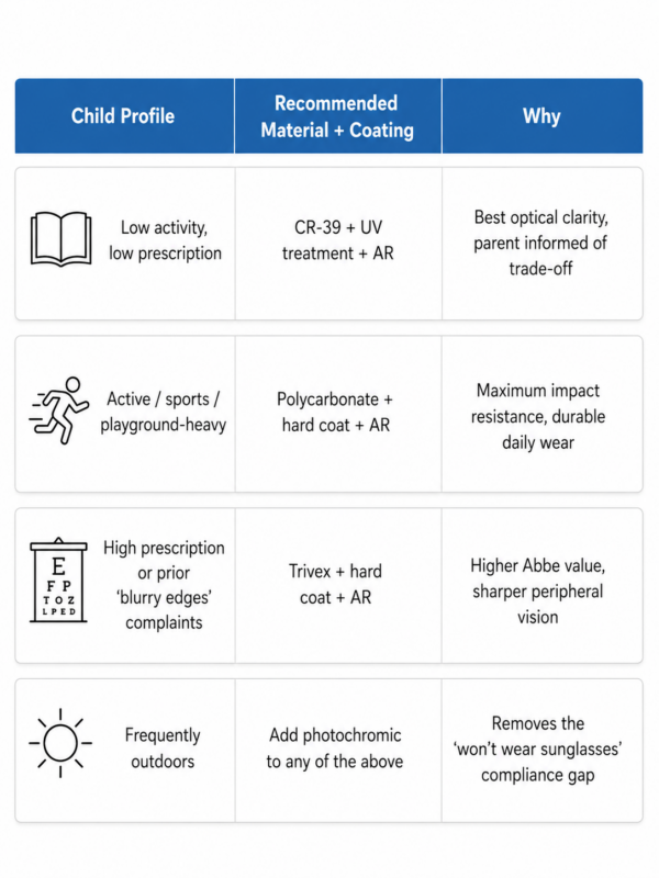 Decision chart matching a child's lifestyle to the right lens choice, from an independent optical lab partner