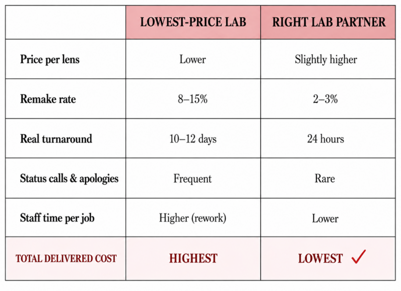 Wholesale optical lab comparison showing how total delivered cost outweighs the lowest price per lens