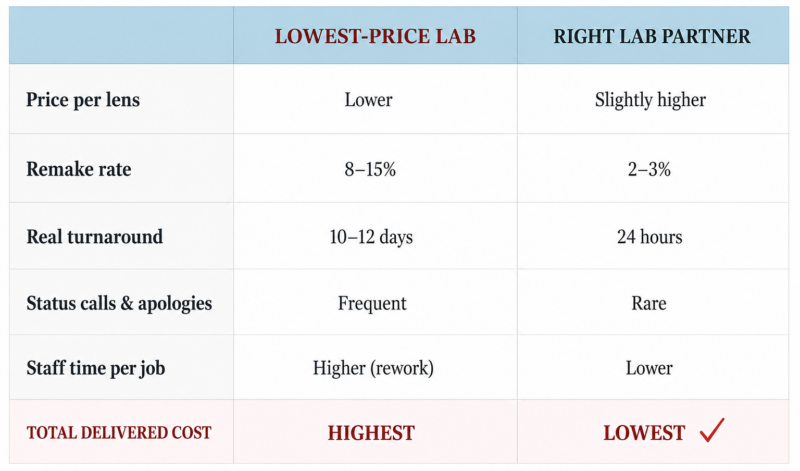 Wholesale optical lab comparison showing how total delivered cost outweighs the lowest price per lens