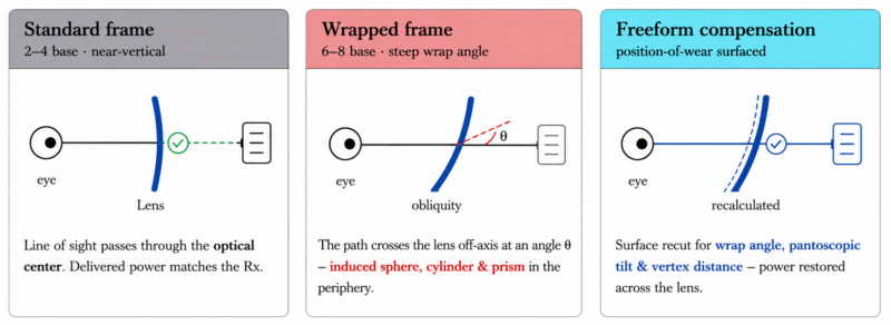 Wrapped sport frame showing high base curve and position-of-wear compensation for custom progressive lenses