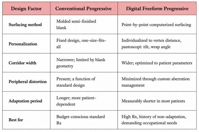 Comparison table of conventional progressive lenses and digital freeform progressive lenses showing design quality, personalization, corridor width, distortion and adaptation outcomes