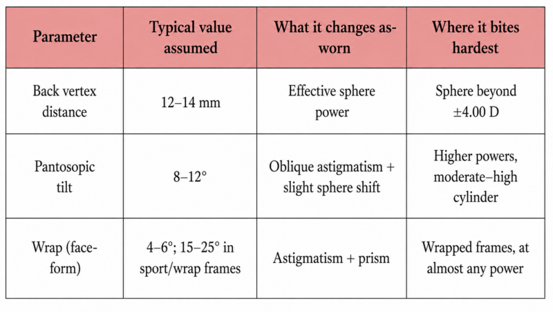 Table of back vertex distance, pantoscopic tilt, and wrap parameters that change as-worn power in lens design personalization