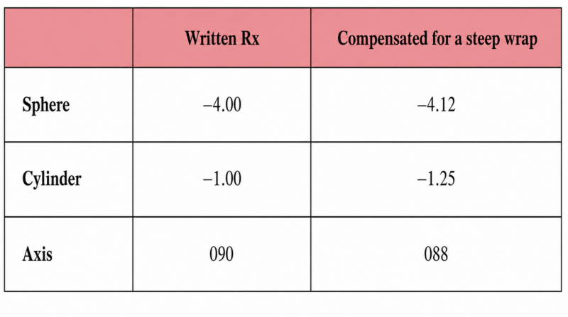 Compensated power table comparing written Rx and steep-wrap lens values for personalized freeform lenses