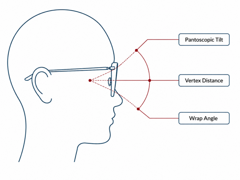 Freeform lens surfacing tolerance with pantoscopic tilt, vertex distance, and wrap angle