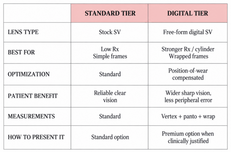 A two-tier single-vision menu comparing a standard stock lens with position-of-wear-compensated digital single vision lenses