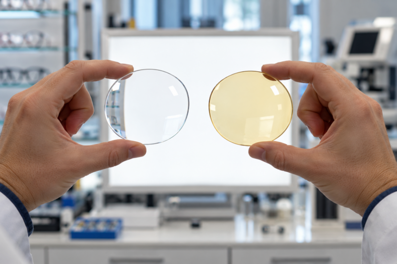 Anti reflective coatings for healthcare workers, comparing clear lenses and yellow-tinted blue light lenses for accurate clinical color judgment under hospital lighting.