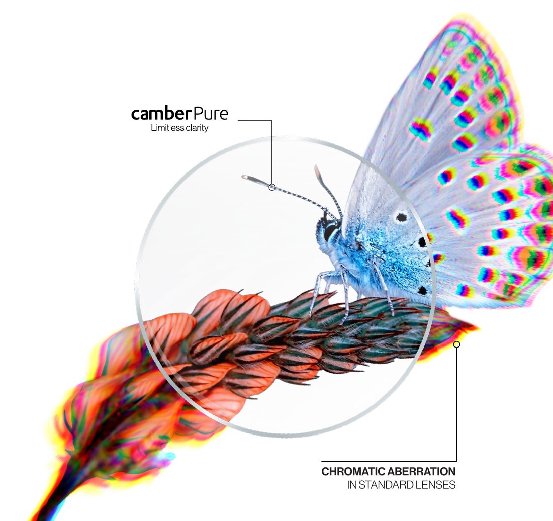 IOT illustration of a butterfly on a plant stem with red, yellow and blue color fringing on the wings and stem outside a lens circle, and clean edges inside the circle marked with the CamberPure™ logo; a callout reads chromatic aberration in standard lenses